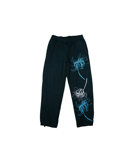 Blue and White Spider Lily - Black Sweatpants ( 1 of 1 )